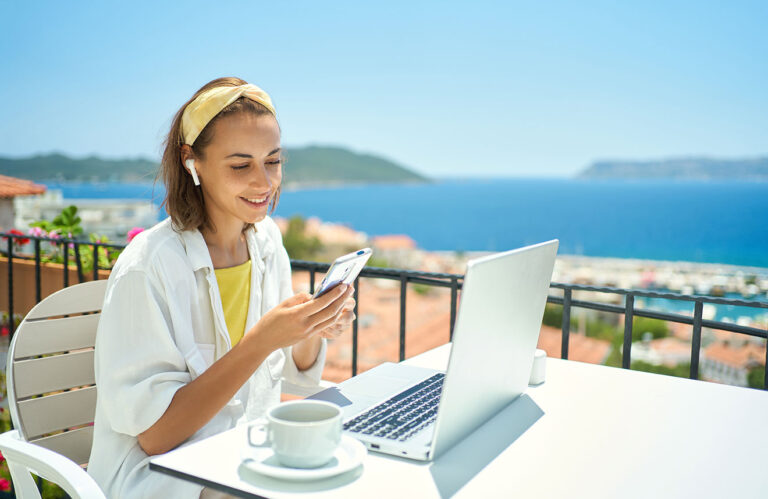 Woman Phone Laptop Vacation Image