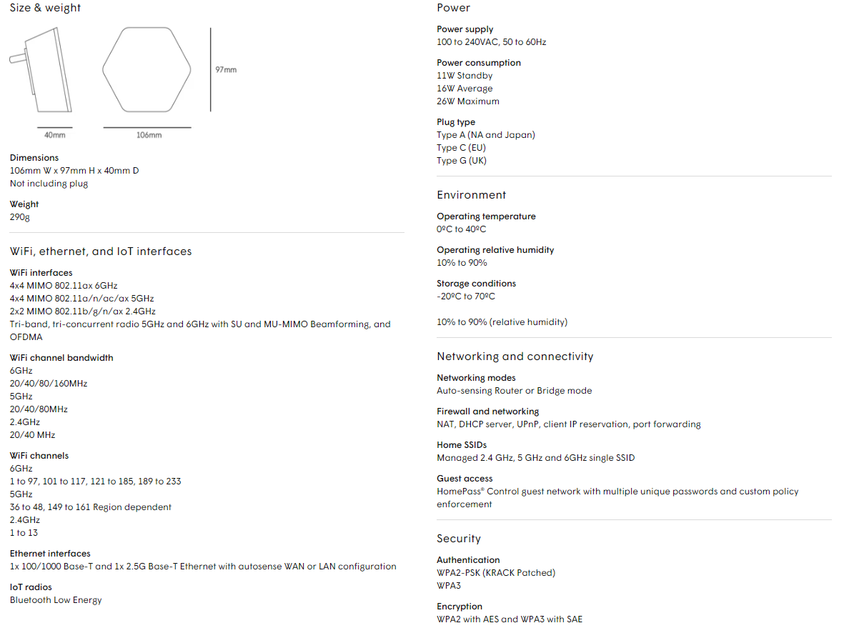 Plume SuperPod WiFi 6E Specs