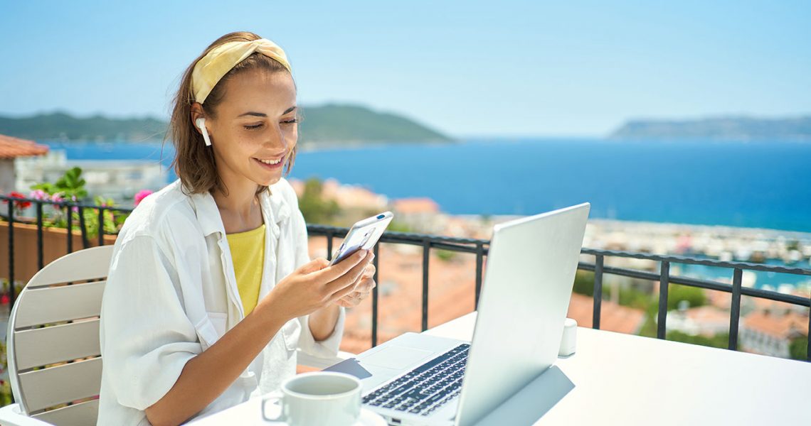 Woman Phone Laptop Vacation Image